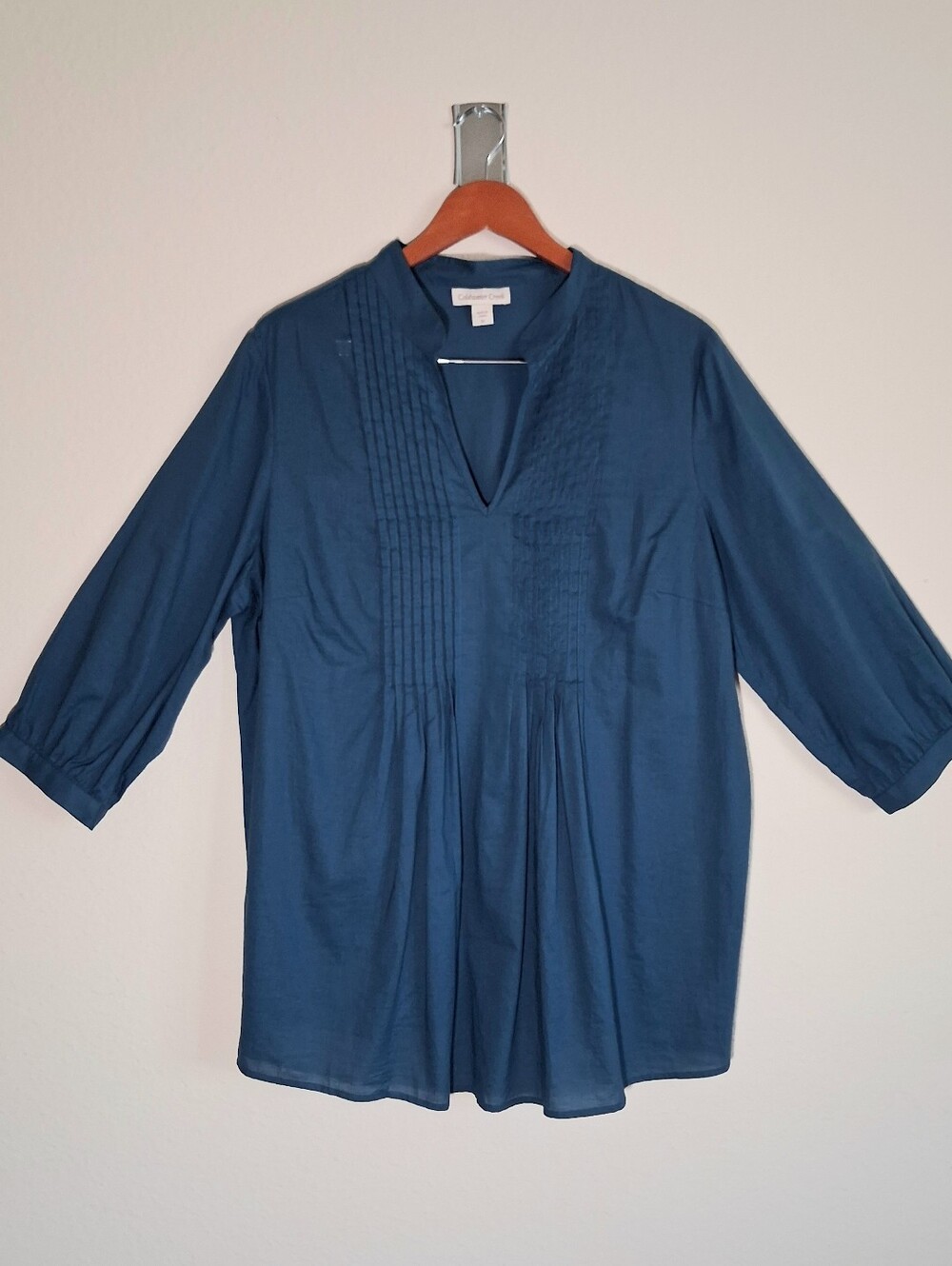 Coldwater Creek Teal-Blue Pintuck V-Neck Tunic